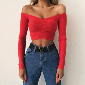 Long sleeves one - word shoulder trim navel